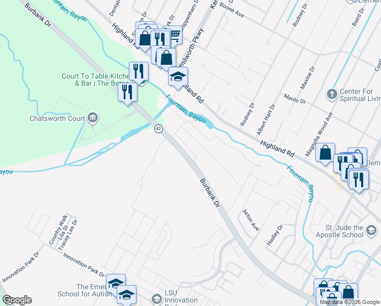 map of restaurants, bars, coffee shops, grocery stores, and more near 411 Cordova Avenue in Baton Rouge