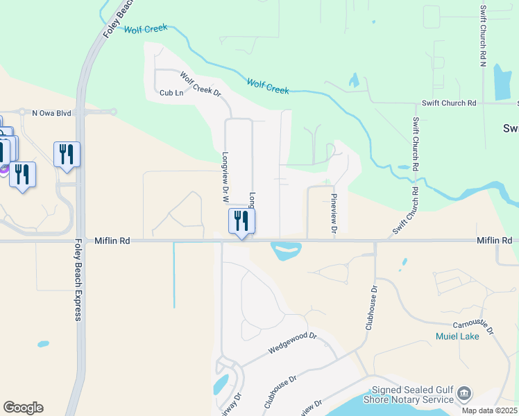 map of restaurants, bars, coffee shops, grocery stores, and more near 10110 Longview Drive in Foley