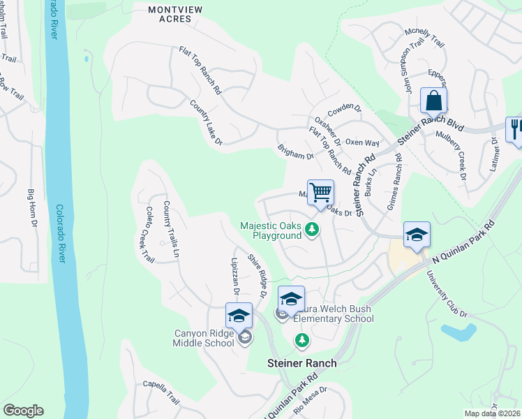 map of restaurants, bars, coffee shops, grocery stores, and more near 2709 Grimes Ranch Road in Austin