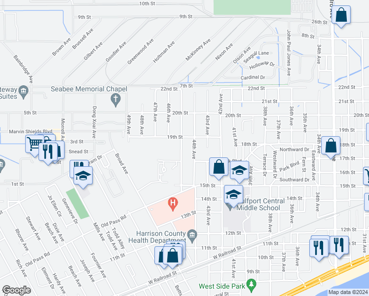 map of restaurants, bars, coffee shops, grocery stores, and more near 1724 45th Avenue in Gulfport
