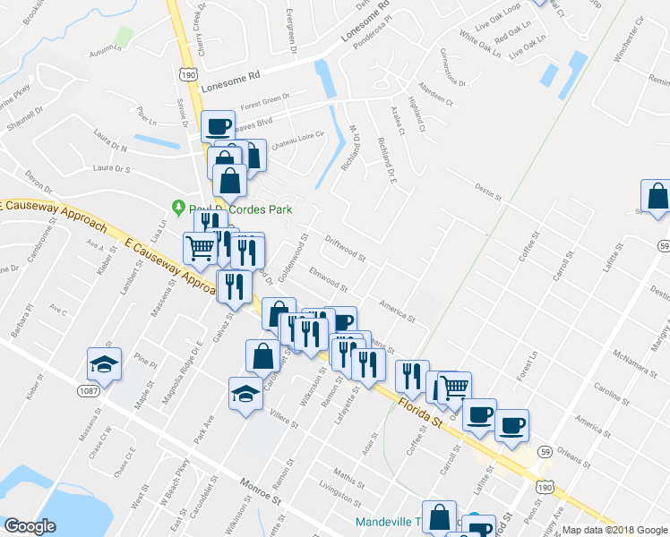 map of restaurants, bars, coffee shops, grocery stores, and more near 513 Teakwood Circle in Mandeville