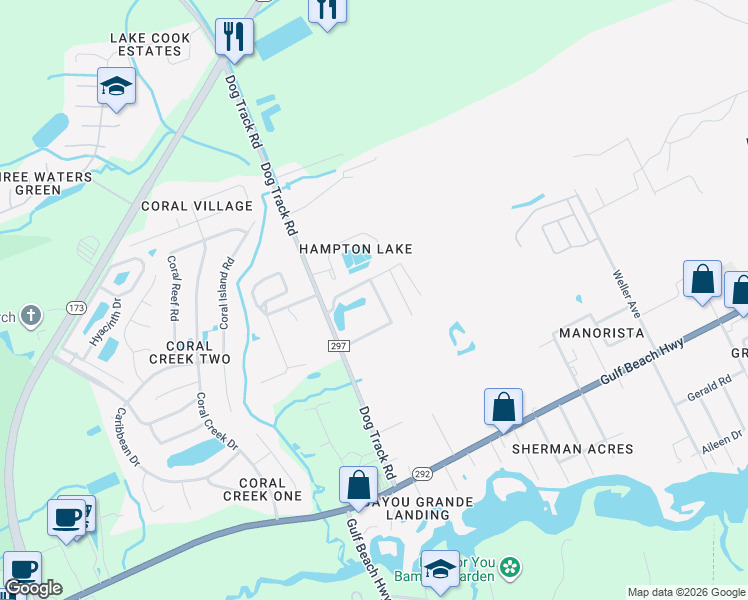 map of restaurants, bars, coffee shops, grocery stores, and more near 9554 Laramie Drive in Pensacola
