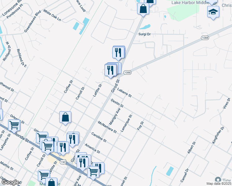 map of restaurants, bars, coffee shops, grocery stores, and more near 1935 Henry Clay Street in Mandeville