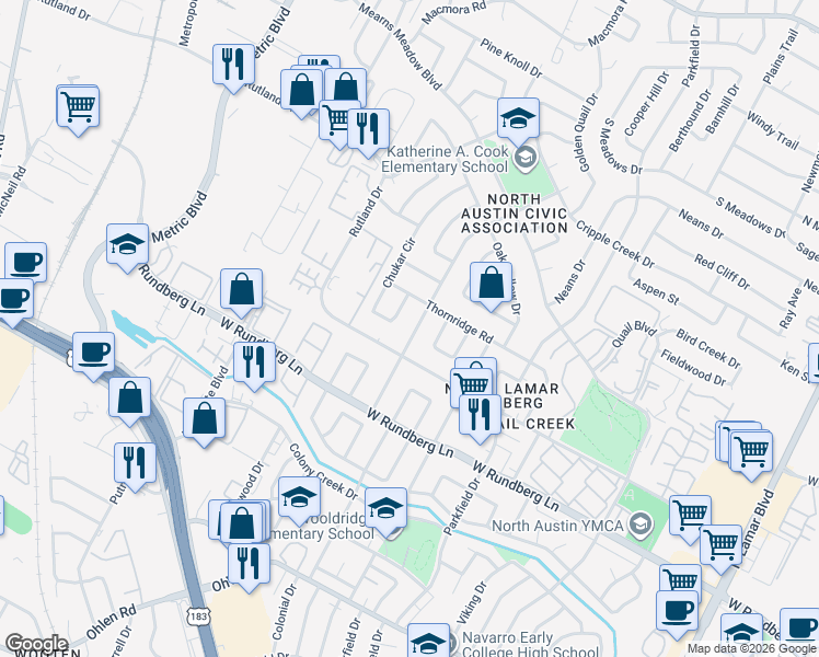 map of restaurants, bars, coffee shops, grocery stores, and more near 9601 Mountain Quail Road in Austin