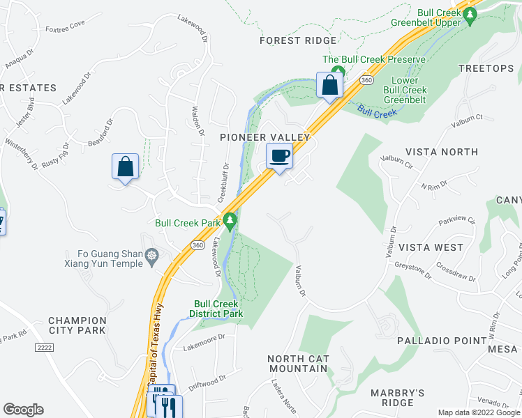 map of restaurants, bars, coffee shops, grocery stores, and more near 6701 Valburn Drive in Austin