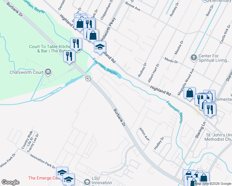 map of restaurants, bars, coffee shops, grocery stores, and more near 8058 Seville Court in Baton Rouge