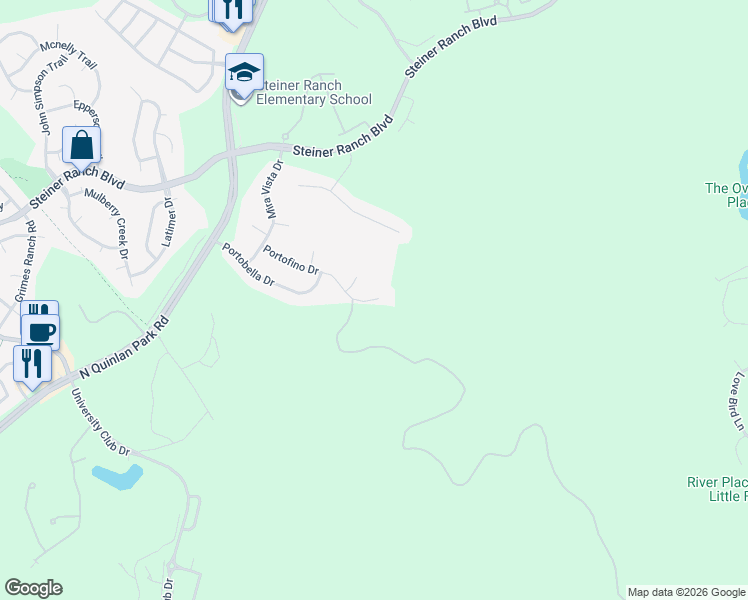 map of restaurants, bars, coffee shops, grocery stores, and more near 11715 Portofino Drive in Austin