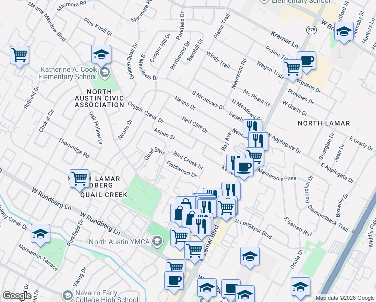 map of restaurants, bars, coffee shops, grocery stores, and more near 1008 Bird Creek Drive in Austin