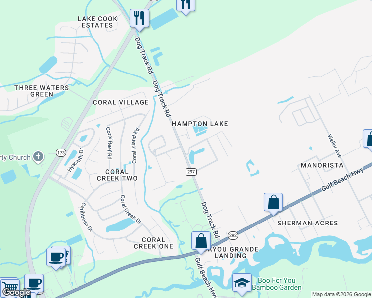 map of restaurants, bars, coffee shops, grocery stores, and more near 9794 Brookstone Way in Pensacola
