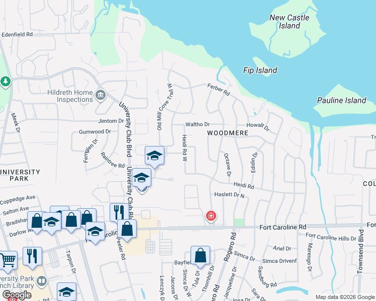 map of restaurants, bars, coffee shops, grocery stores, and more near 3980 Heidi Road West in Jacksonville