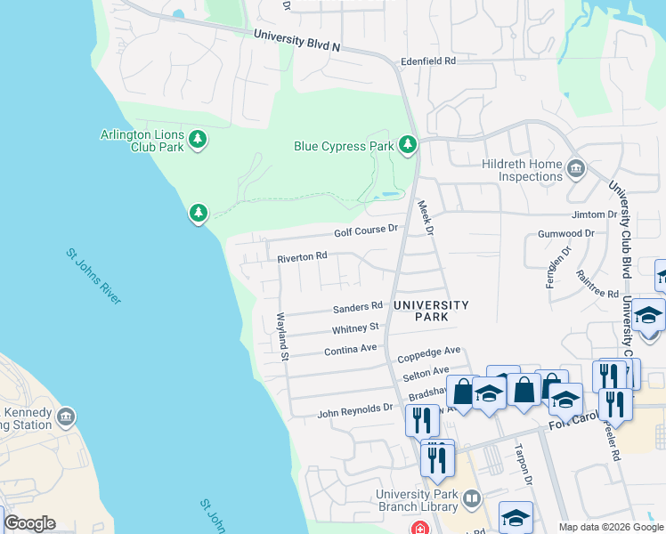 map of restaurants, bars, coffee shops, grocery stores, and more near 3941 Lochlaurel Drive in Jacksonville