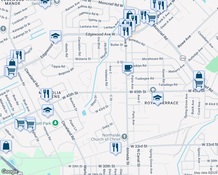 map of restaurants, bars, coffee shops, grocery stores, and more near 5502 Verbena Road in Jacksonville