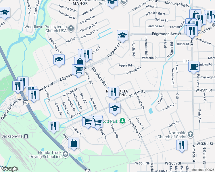 map of restaurants, bars, coffee shops, grocery stores, and more near 2765 Sunny Acres Drive East in Jacksonville