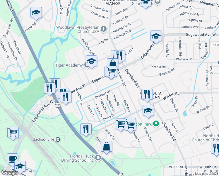 map of restaurants, bars, coffee shops, grocery stores, and more near 3157 Brasque Drive in Jacksonville