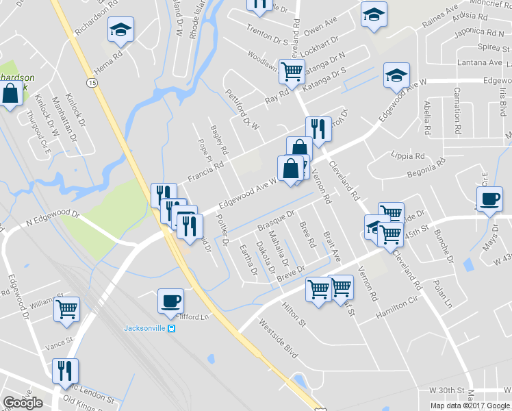 map of restaurants, bars, coffee shops, grocery stores, and more near 3190 Edgewood Avenue West in Jacksonville