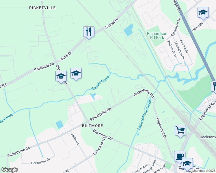 map of restaurants, bars, coffee shops, grocery stores, and more near 5359 Pickettville Road in Jacksonville