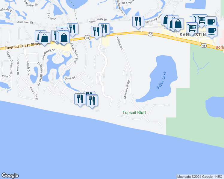 map of restaurants, bars, coffee shops, grocery stores, and more near Unnamed Road in Santa Rosa Beach