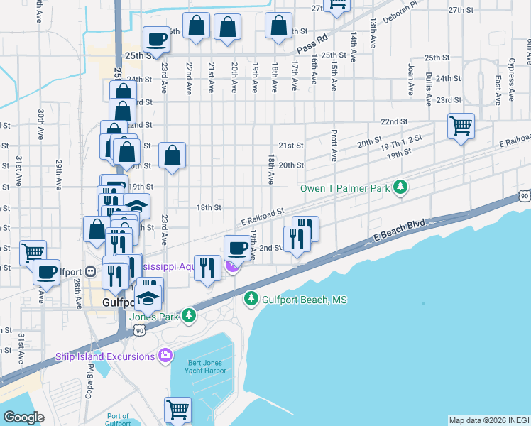 map of restaurants, bars, coffee shops, grocery stores, and more near 1754 East Railroad Street in Gulfport