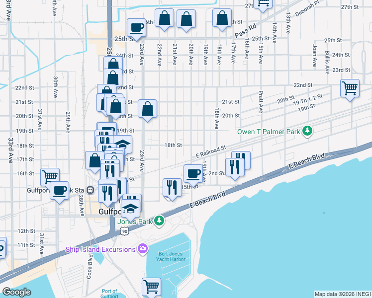 map of restaurants, bars, coffee shops, grocery stores, and more near 62 20th Avenue in Gulfport