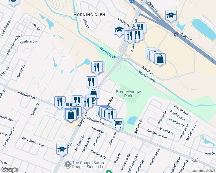 map of restaurants, bars, coffee shops, grocery stores, and more near 8363 Siegen Lane in Baton Rouge