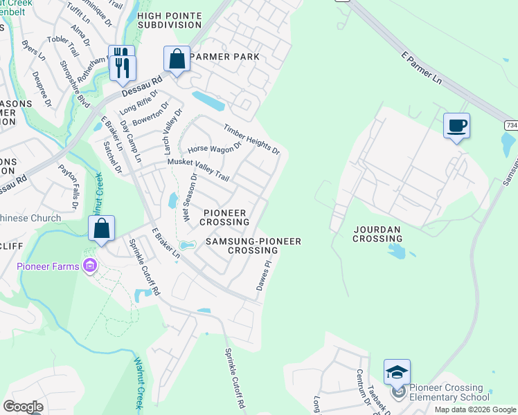 map of restaurants, bars, coffee shops, grocery stores, and more near 12212 Timber Heights Drive in Austin