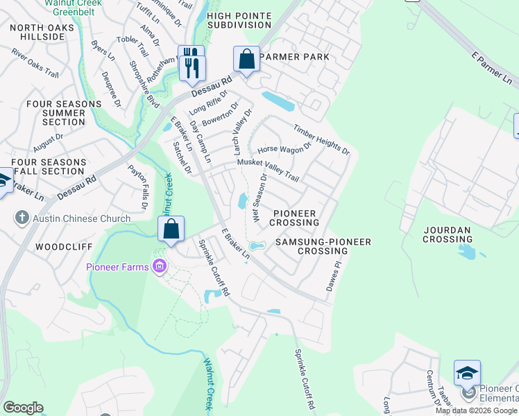 map of restaurants, bars, coffee shops, grocery stores, and more near 11127 Wet Season Drive in Austin
