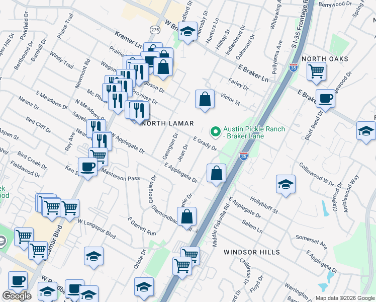 map of restaurants, bars, coffee shops, grocery stores, and more near 10601 Jean Drive in Austin