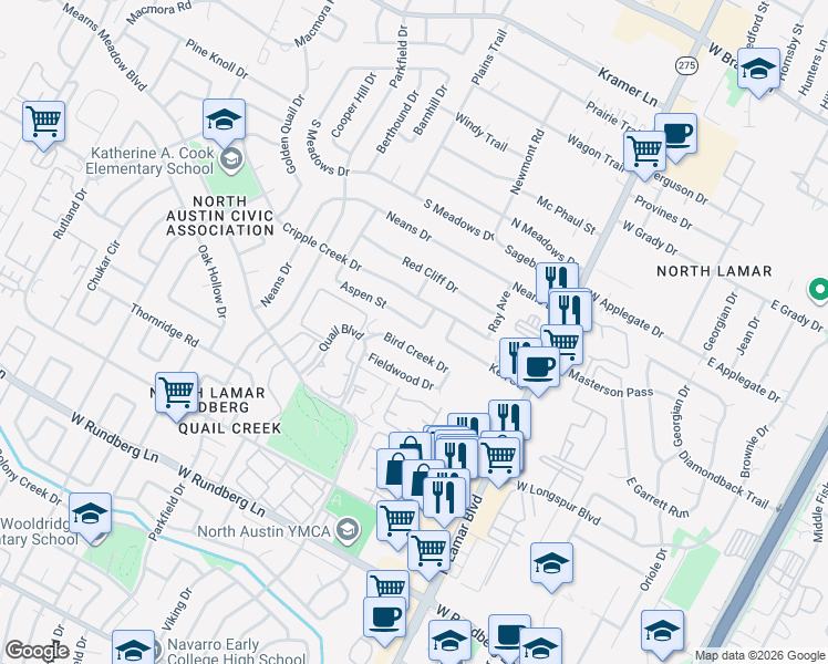 map of restaurants, bars, coffee shops, grocery stores, and more near 1008 Bird Creek Drive in Austin
