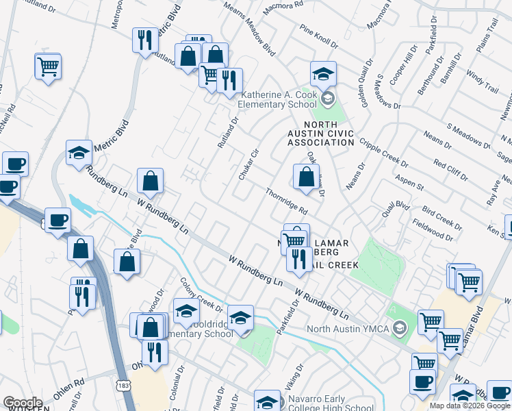 map of restaurants, bars, coffee shops, grocery stores, and more near 9601 Mountain Quail Road in Austin