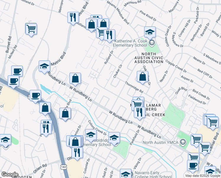 map of restaurants, bars, coffee shops, grocery stores, and more near 9614 Chukar Circle in Austin
