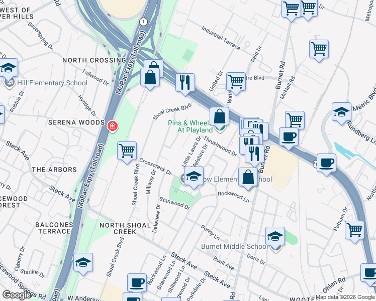 map of restaurants, bars, coffee shops, grocery stores, and more near 3036 Thrushwood Drive in Austin