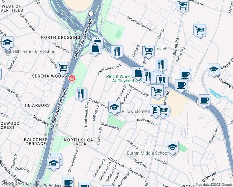 map of restaurants, bars, coffee shops, grocery stores, and more near 3036 Thrushwood Drive in Austin