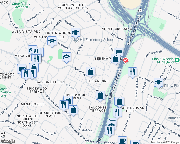 map of restaurants, bars, coffee shops, grocery stores, and more near 8219 Summer Place Drive in Austin