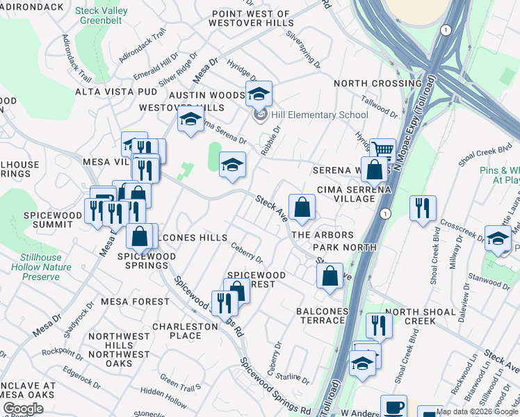 map of restaurants, bars, coffee shops, grocery stores, and more near 8111 West Court in Austin