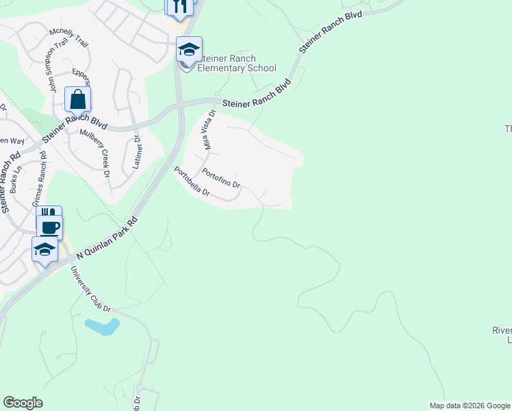 map of restaurants, bars, coffee shops, grocery stores, and more near 11715-11781 Portofino Drive in Austin