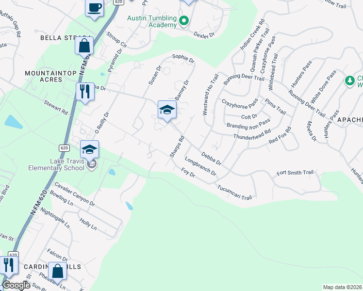 map of restaurants, bars, coffee shops, grocery stores, and more near 1208 Sharps Road in Austin