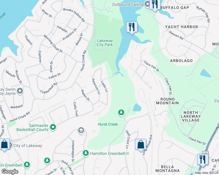 map of restaurants, bars, coffee shops, grocery stores, and more near 532 Ladin Lane in Lakeway