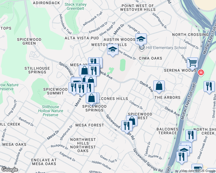 map of restaurants, bars, coffee shops, grocery stores, and more near 8134 Meandering Way in Austin