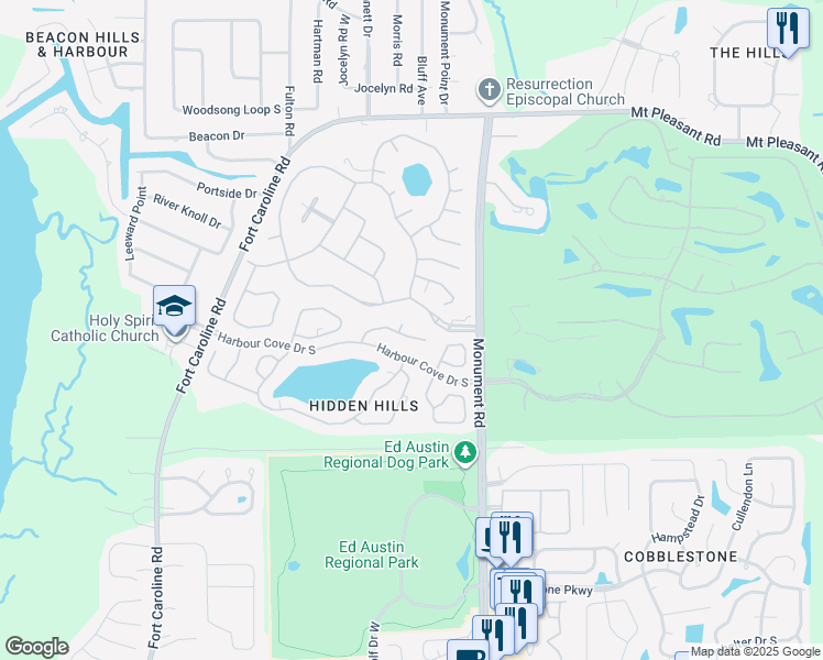 map of restaurants, bars, coffee shops, grocery stores, and more near 12037 Saverio Lane in Jacksonville