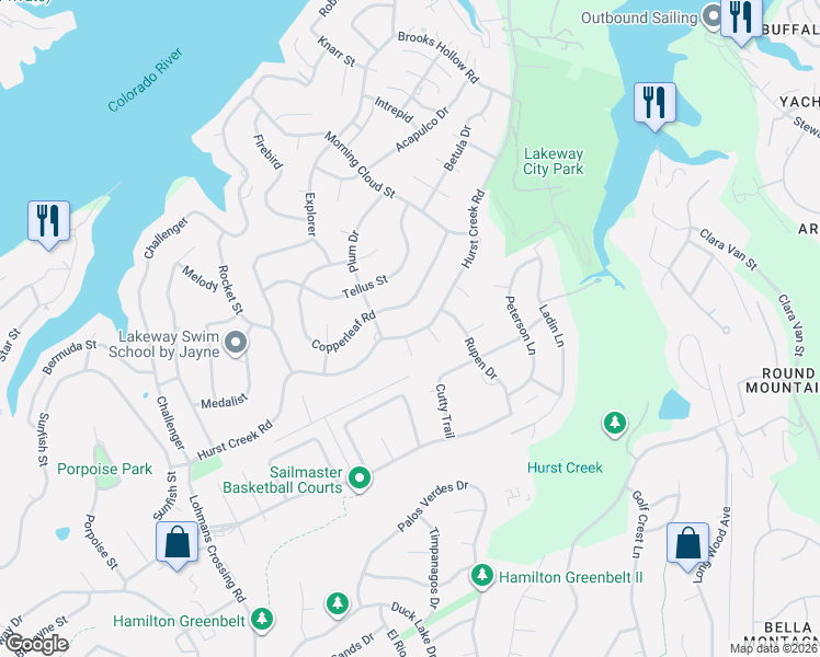map of restaurants, bars, coffee shops, grocery stores, and more near 307 Hurst Creek Road in Lakeway