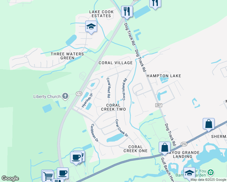 map of restaurants, bars, coffee shops, grocery stores, and more near 2119 Coral Creek Drive in Pensacola
