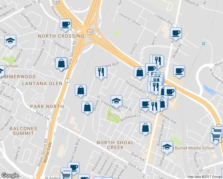 map of restaurants, bars, coffee shops, grocery stores, and more near 3036 Thrushwood Drive in Austin