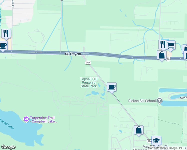 map of restaurants, bars, coffee shops, grocery stores, and more near 58 Heron's Crossing in Santa Rosa Beach