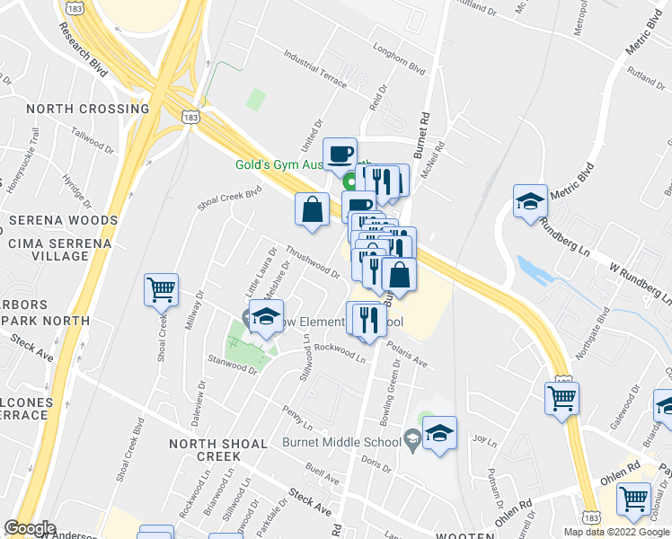 map of restaurants, bars, coffee shops, grocery stores, and more near 2706 Thrushwood Drive in Austin