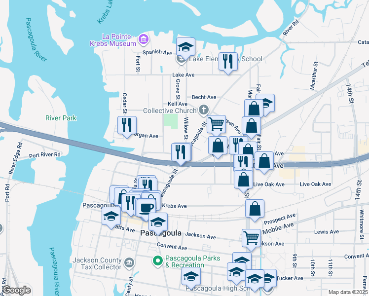 map of restaurants, bars, coffee shops, grocery stores, and more near 3803 Pascagoula Street in Pascagoula