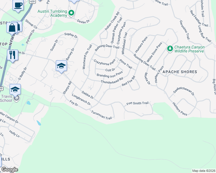 map of restaurants, bars, coffee shops, grocery stores, and more near 1412 Red Fox Road in Austin