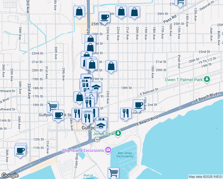 map of restaurants, bars, coffee shops, grocery stores, and more near 1720 23rd Avenue in Gulfport
