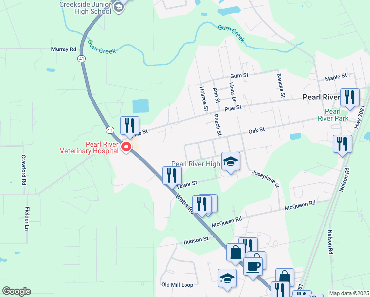 map of restaurants, bars, coffee shops, grocery stores, and more near 64576 Barrington Court in Pearl River