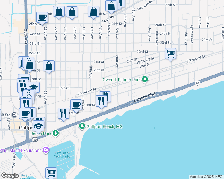 map of restaurants, bars, coffee shops, grocery stores, and more near 1619 3rd Street in Gulfport