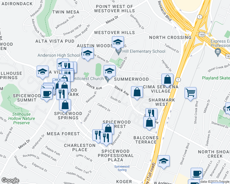 map of restaurants, bars, coffee shops, grocery stores, and more near 8111 West Court in Austin